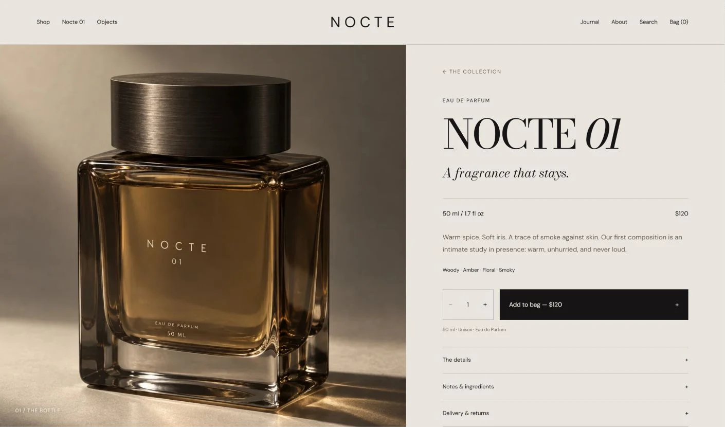 NOCTE NOCTE 01 / Product detail and shopping interface